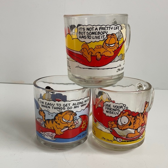 Vintage Garfield and Odie McDonald’s 3 clear glass coffee mugs. Jim Davis. ‘78. - Picture 1 of 15